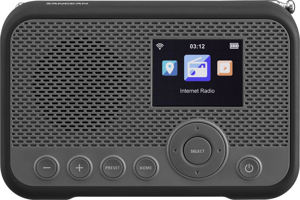 Sangean WFR-39 Zakradio met internetradio Internet, DAB, VHF (FM) Internetradio, FM, WiFi Spotify, Wekfunctie, Oplaadbaar Grijs, Zwart