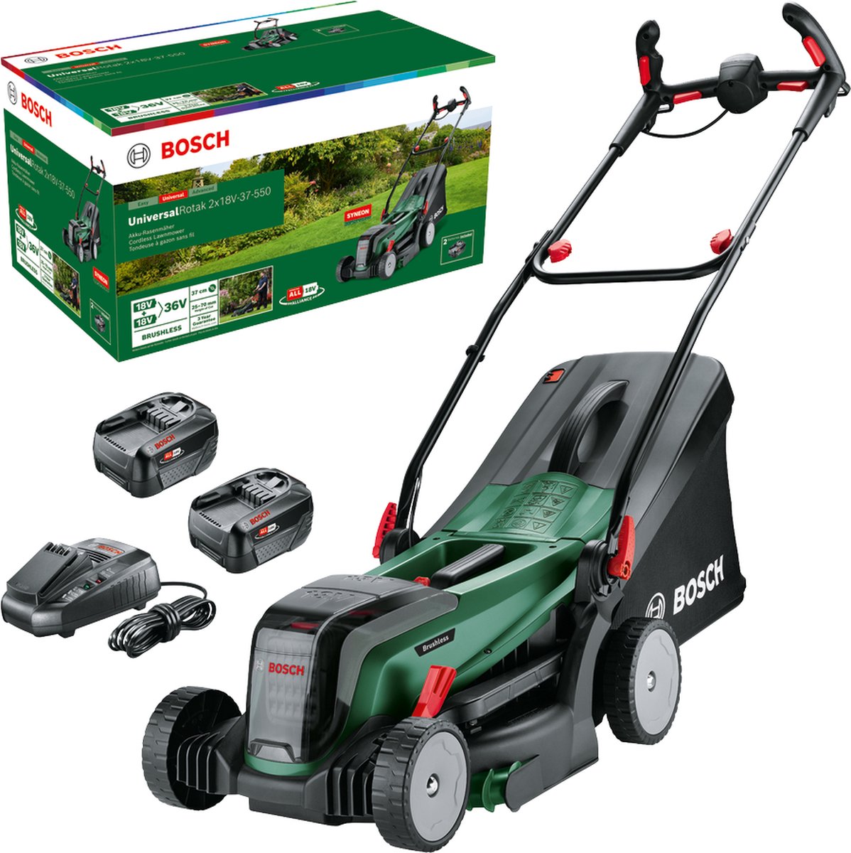 Bosch Home and Garden 0 600 8B9 E00 Grasmaaier Accu Incl. 2 accus, Incl. oplader 2 x 18 V Snijbreedte max. 37 cm Geschikt voor 550 m²