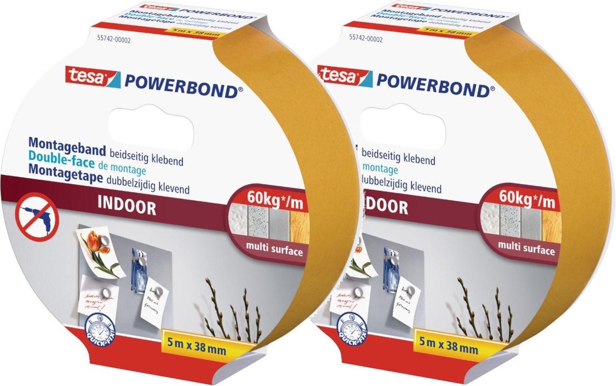 4x Tesa dubbelzijdig montagetape draagkracht 60 kg rollen 5 meter -