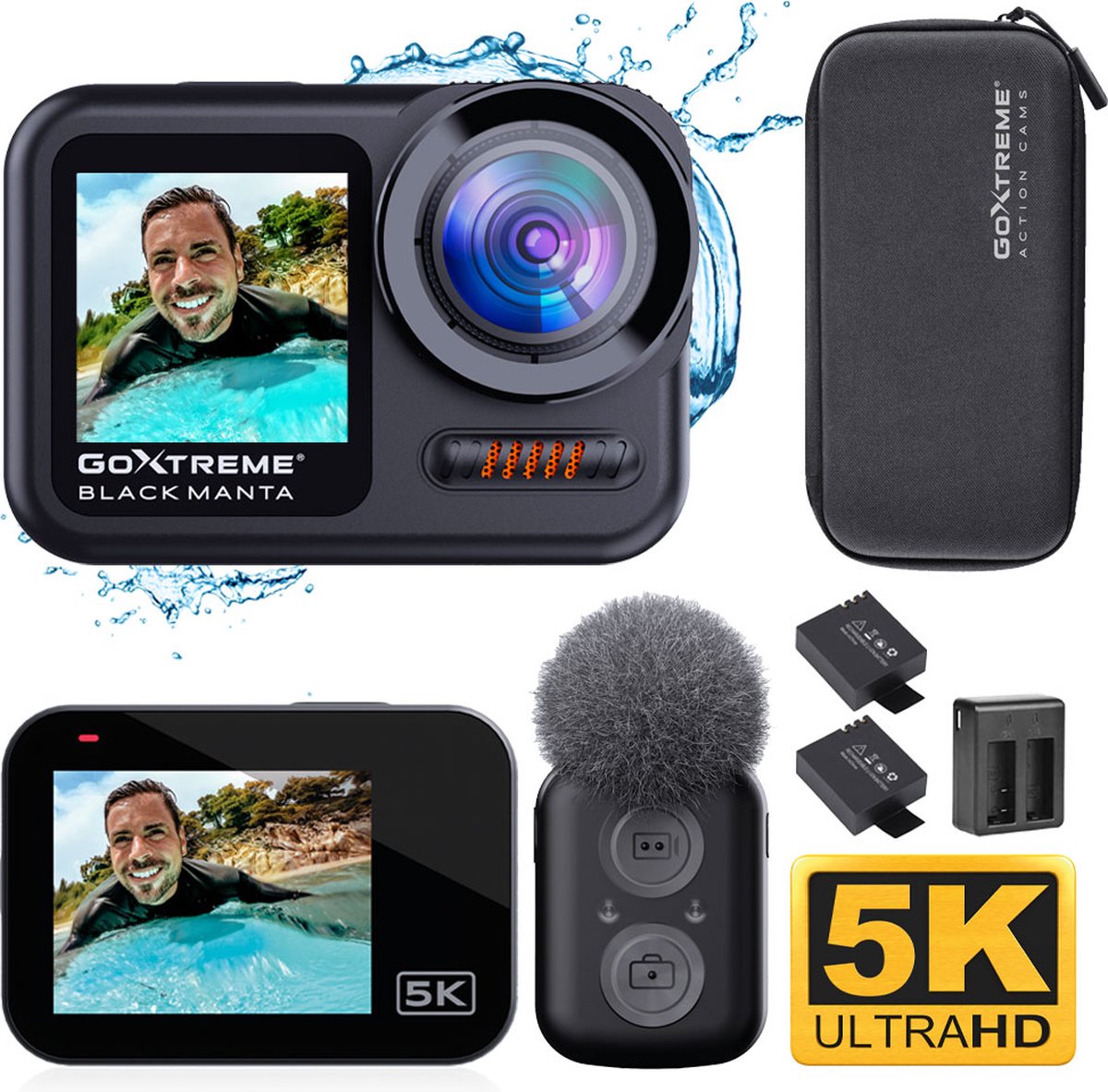 GoXtreme Black Manta 5K Actioncam Touchscreen, WiFi, Slow motion / Time lapse, Dual-display, Waterdicht, 5K, Beeldstabilisering