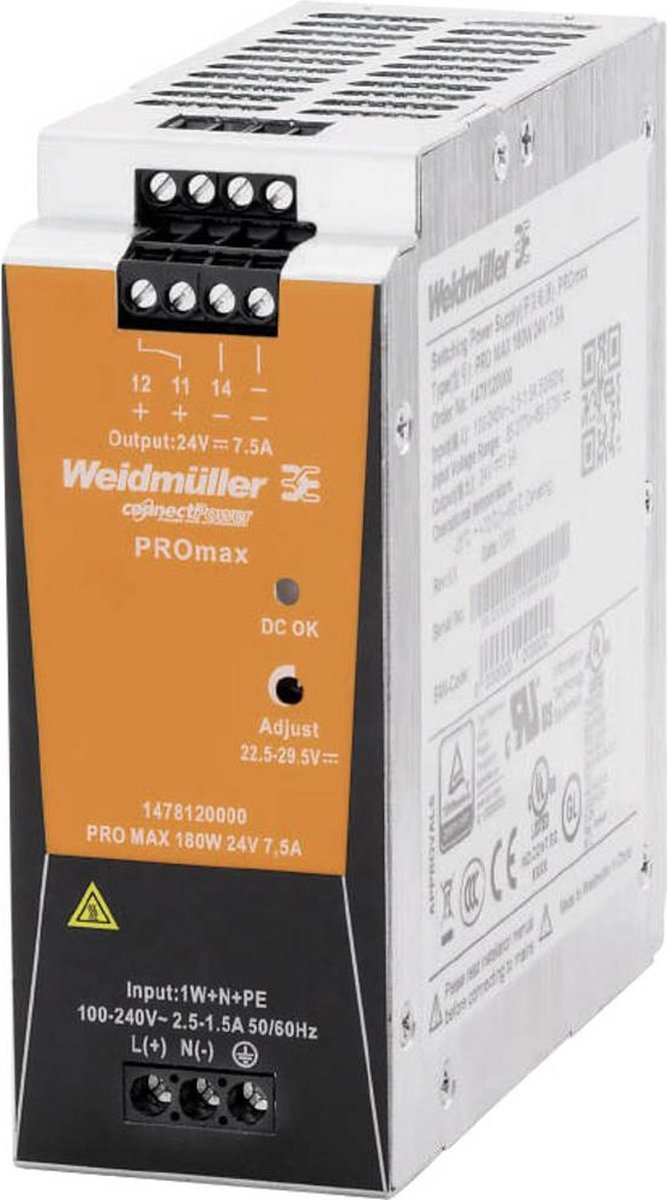 Weidmüller PRO MAX 180W 24V 7,5A DIN-rail netvoeding 24 V/DC 7.5 A 180 W Inhoud: 1 stuk(s)