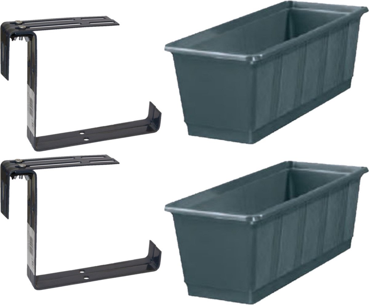 Set van 5 kunststof plantenbakken grijs rechthoekig 60 cm met 10 verstelbare railing beugels -