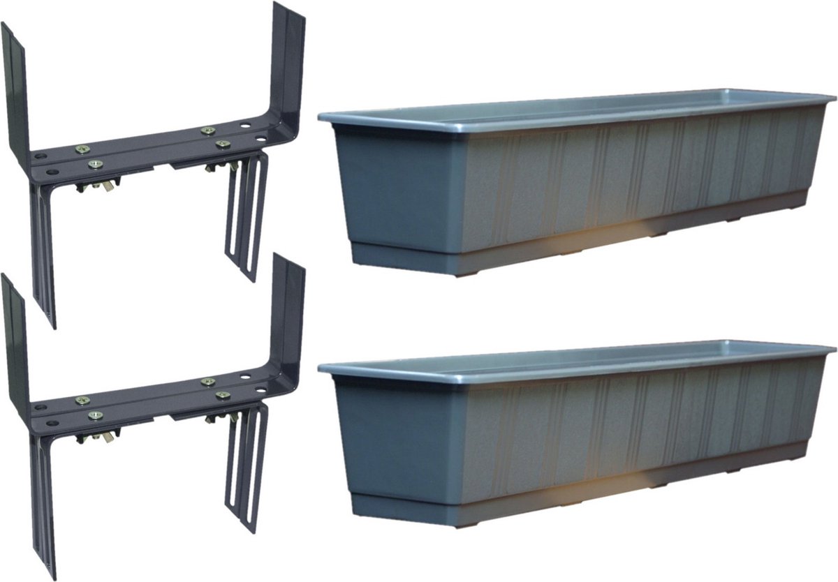 Set van 5 kunststof plantenbak grijs rechthoekig 80 cm met 10 verstelbare balkon/muurbeugels -