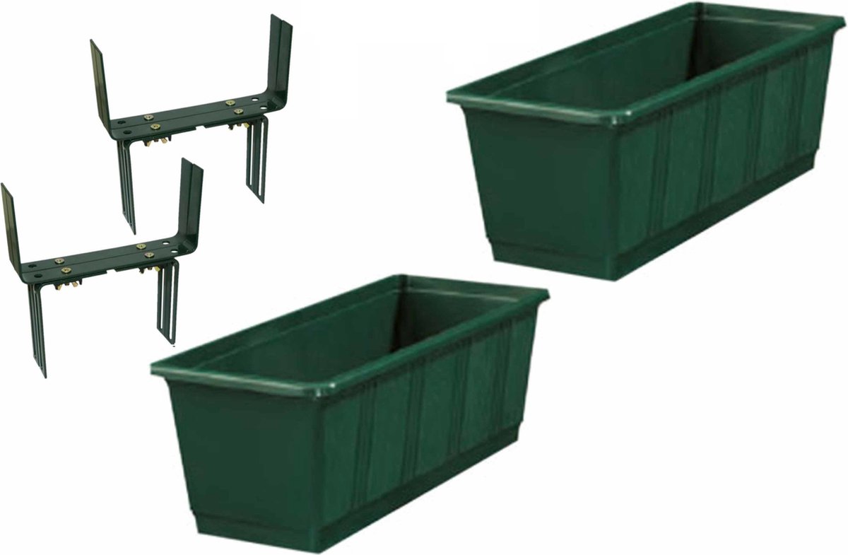 Set van 5 kunststof plantenbakken donkergroen rechthoekig 60cm met 10 verstelbare balkon/muurbeugels -