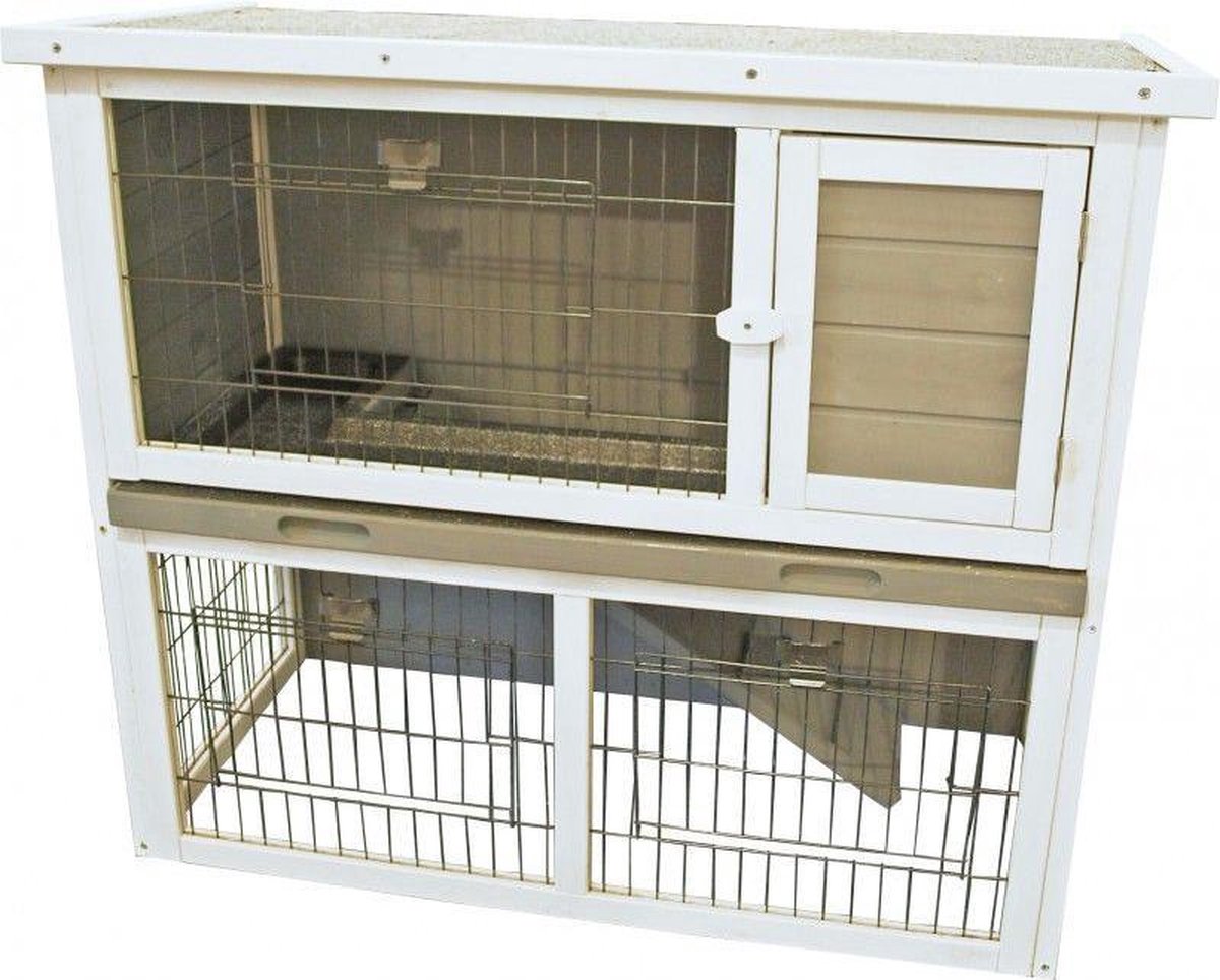 Konijnenhok bouwpakket met plastic lade en ren grijs/wit 91 cm - Gebr. de Boon