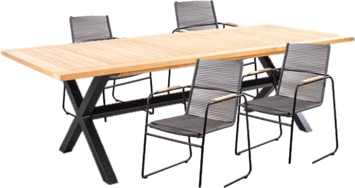 Tuinset Wakai tafel dark grey, teak 236x100 cm met 4 stoelen Wasabi stoel kussen black, rope dark grey - Yoi