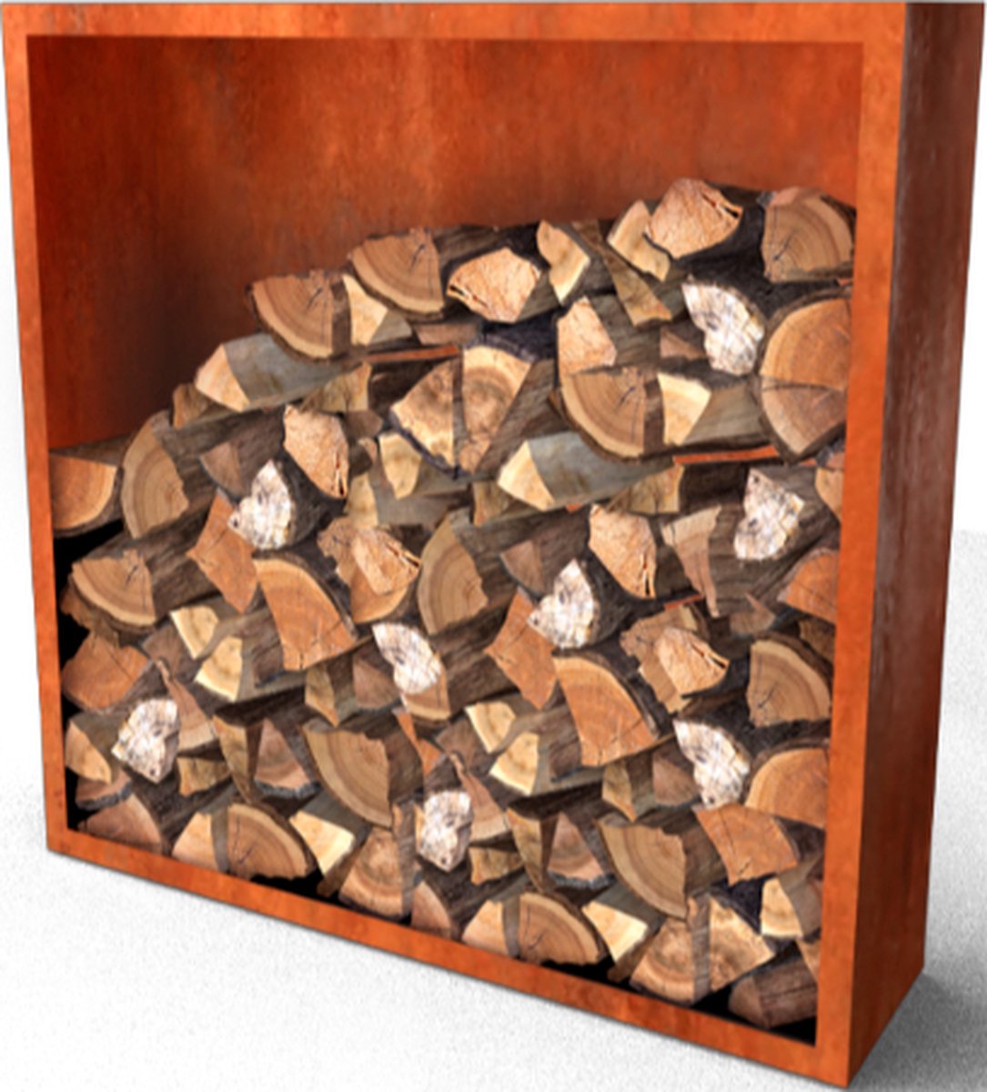 Egura Cortenstaal Houtopslag met achterwand Lengte: 1500 Breedte: 385 Hoogte: 1500 - Geroba