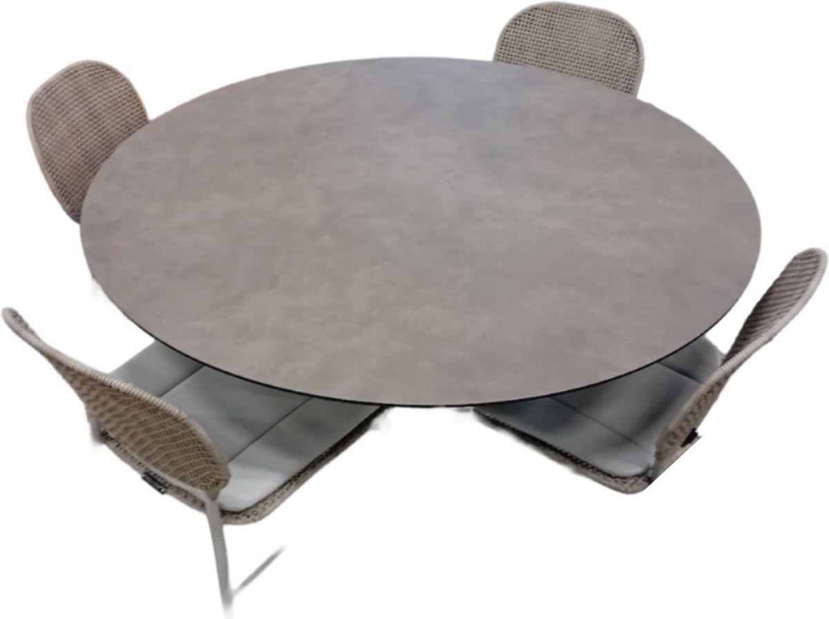 Tuinset Sashimi tafel salix dia. 130 cm met 4 stoelen Ferron stoel linen inclusief light grey kussen - Yoi