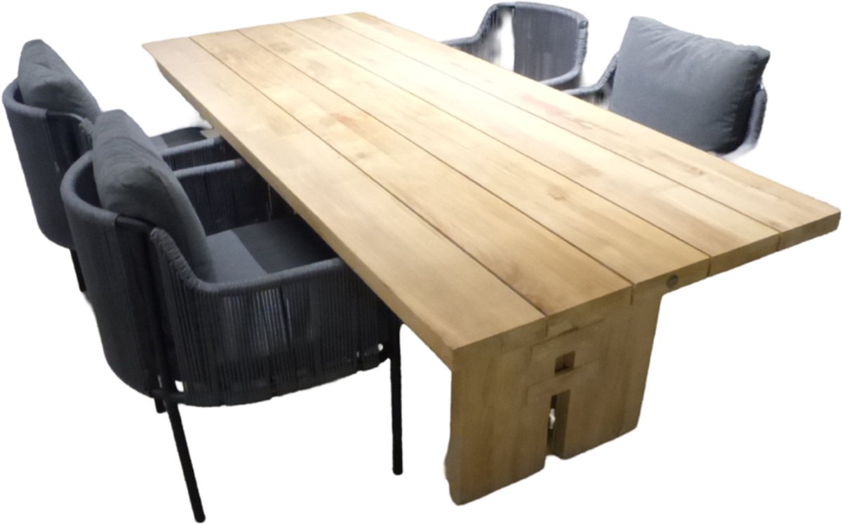 Tuinset Zen tafel teak 240x100 cm met 4 stoelen Umi stoel kussen black, rope dark grey - grey, rope green - Yoi
