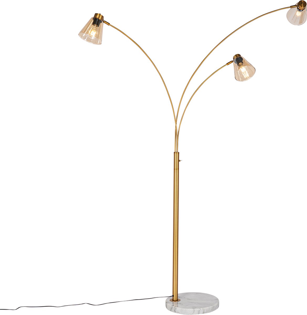 QAZQA Booglamp brons met marmer en amber glas 3-lichts - Nina
