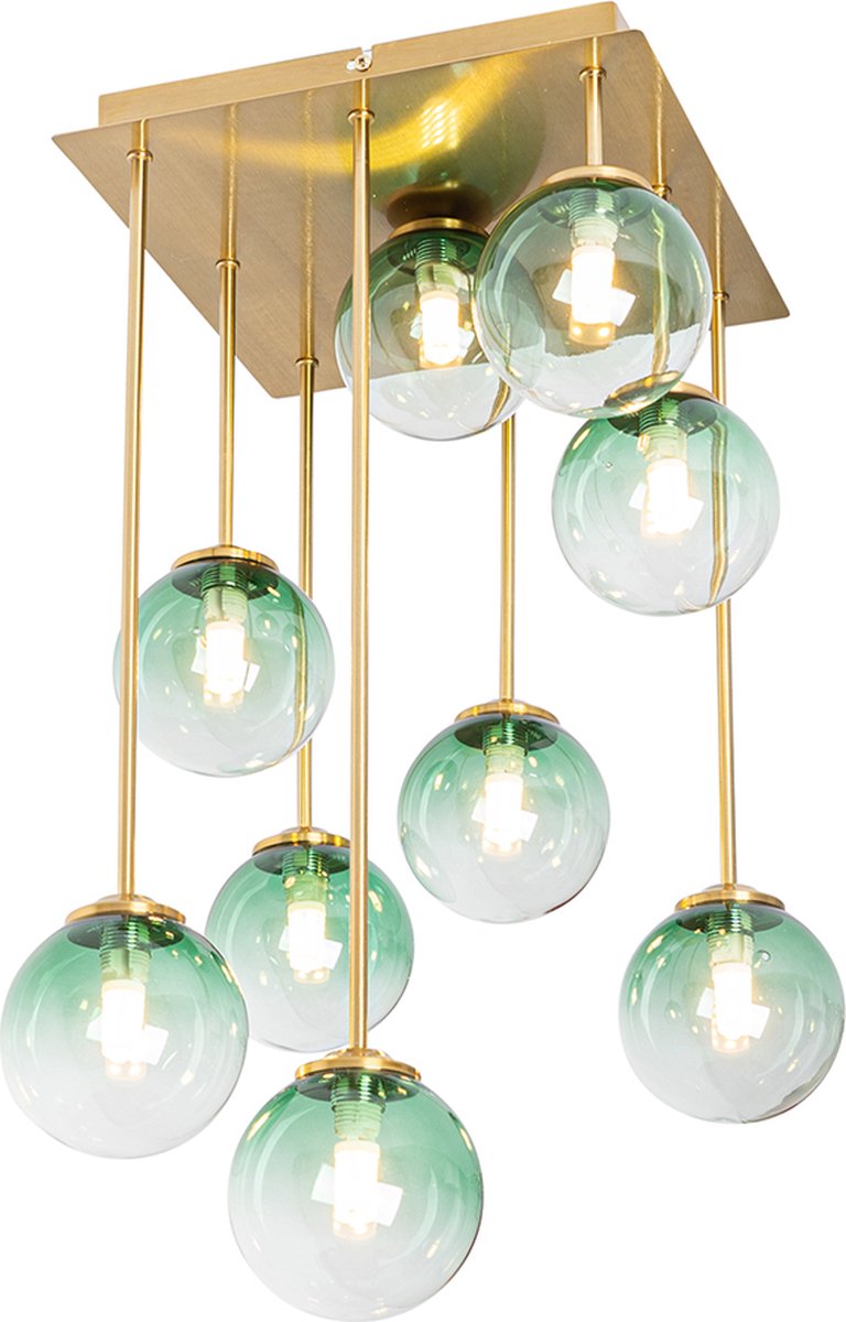 QAZQA Art Deco plafondlamp goud met groen glas 9-lichts - Athens