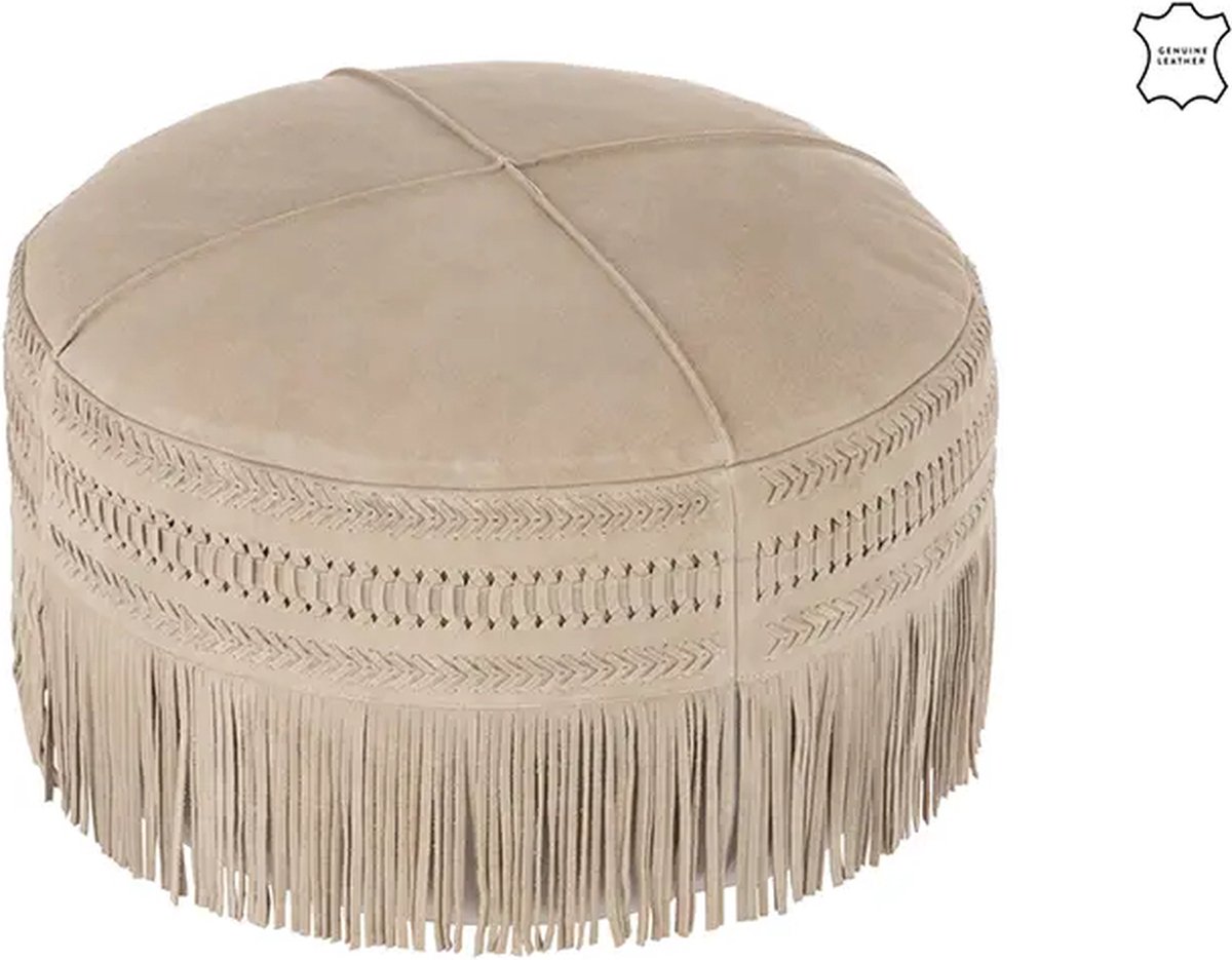 J-Line Poef Franjes Rond Leer Licht Grijs