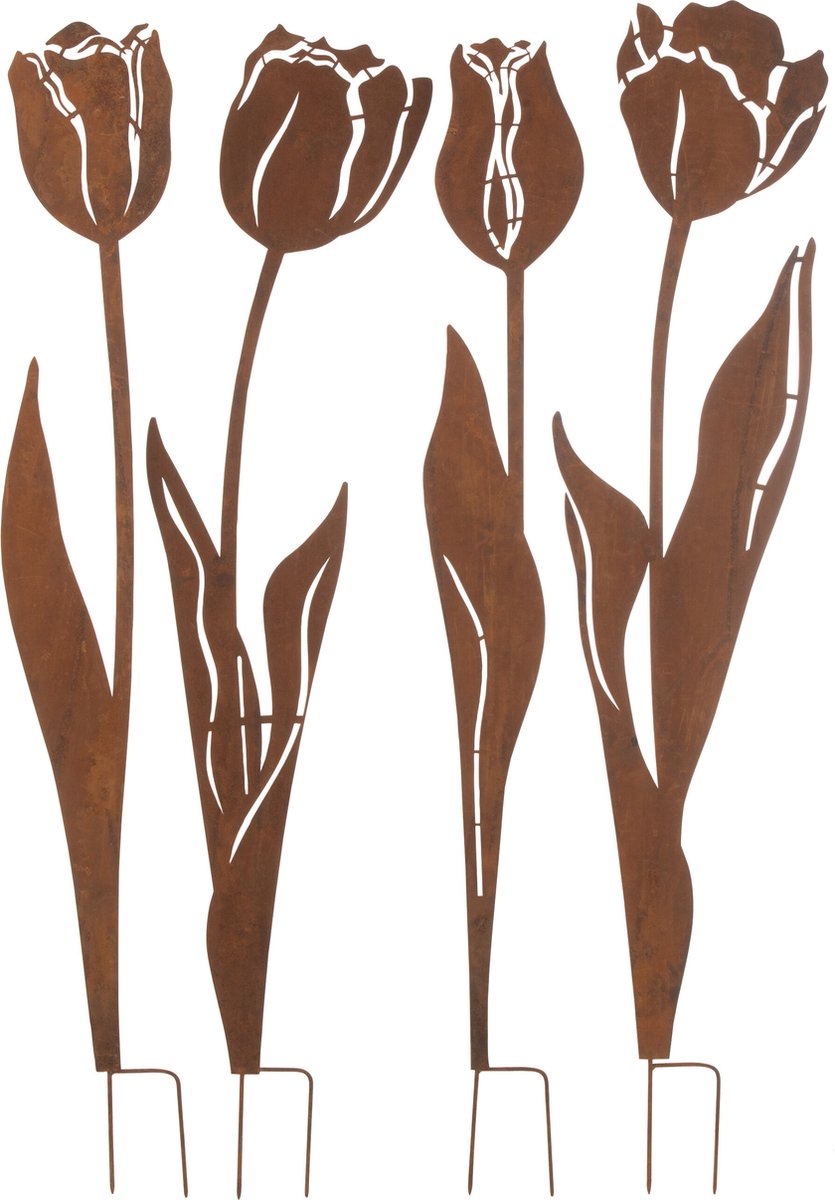 J-Line tuindecoratie Bloemen - ijzer - roest - large - 4 stuks