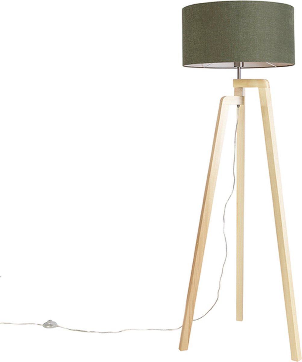 QAZQA Vloerlamp tripod hout met kap 50 cm groen - Puros