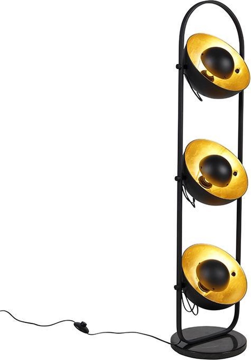 QAZQA Industriële vloerlamp zwart met goud 3-lichts - Magnax