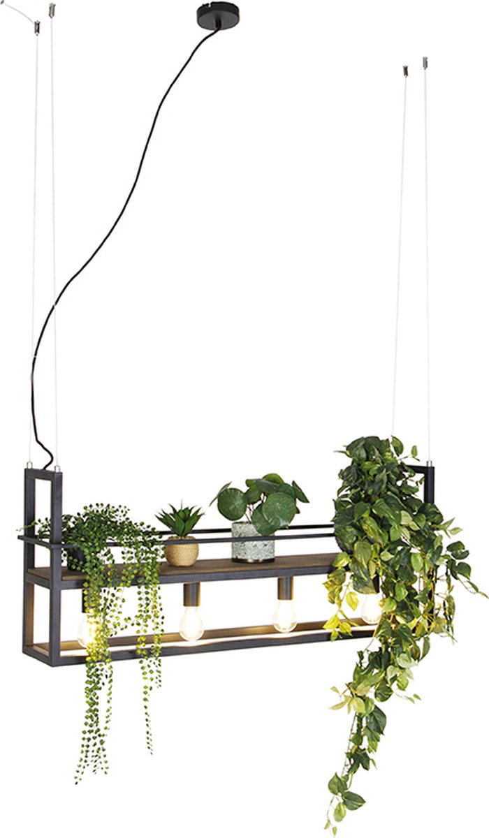 QAZQA Industriële hanglamp zwart met hout en rek 4-lichts - Cage Rack