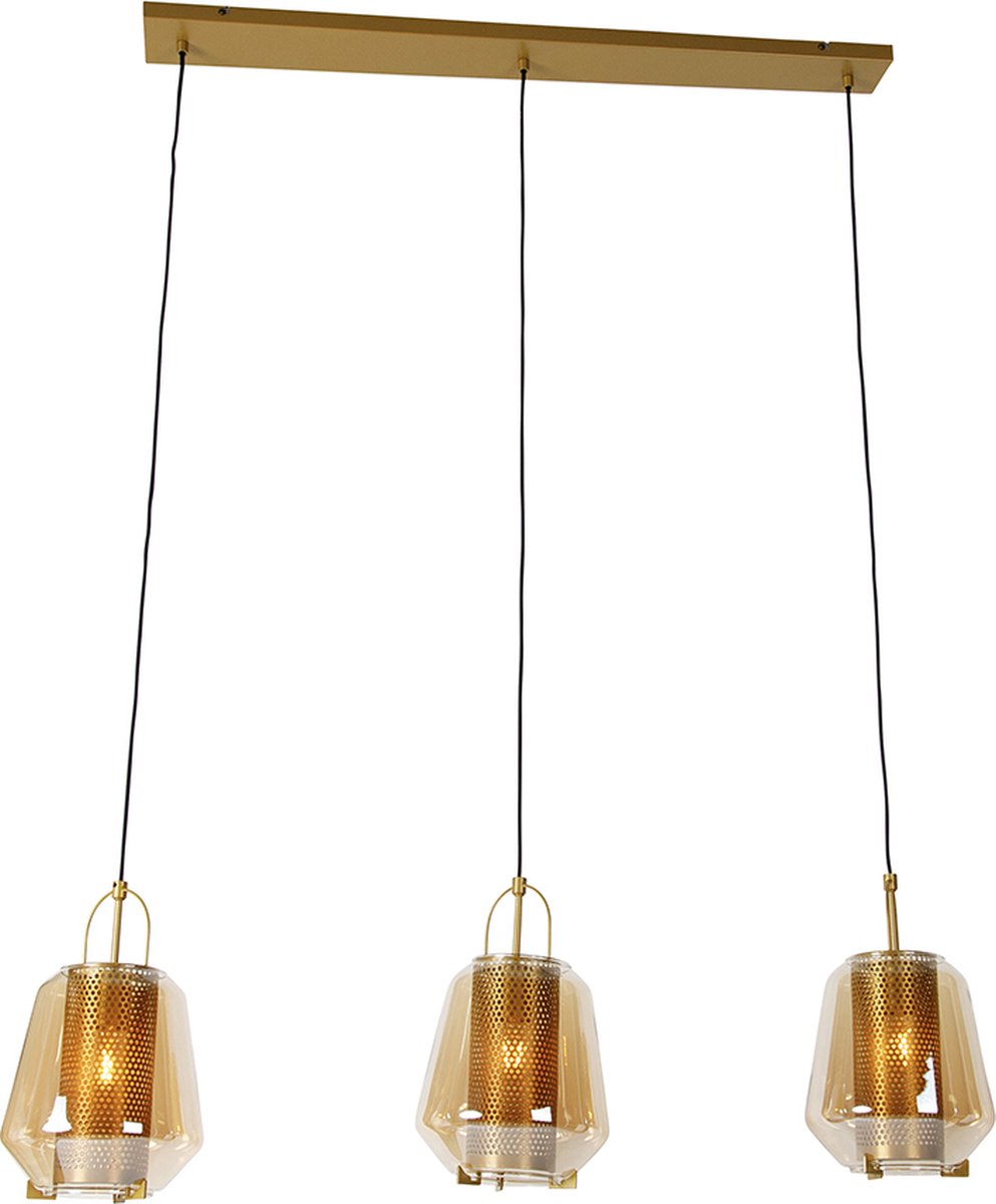 QAZQA Hanglamp goud met amber glas 23 cm langwerpig 3-lichts - Kevin