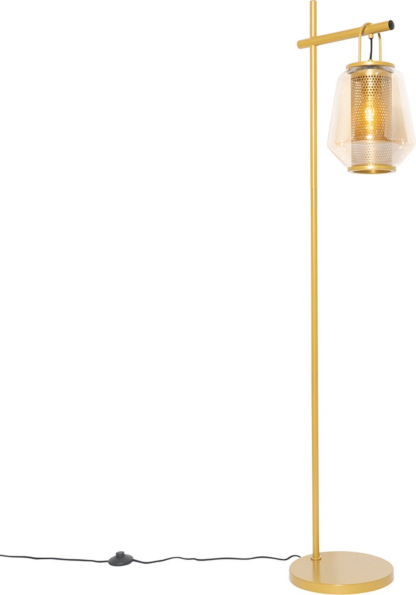 QAZQA Art deco vloerlamp goud met amber glas - Kevin