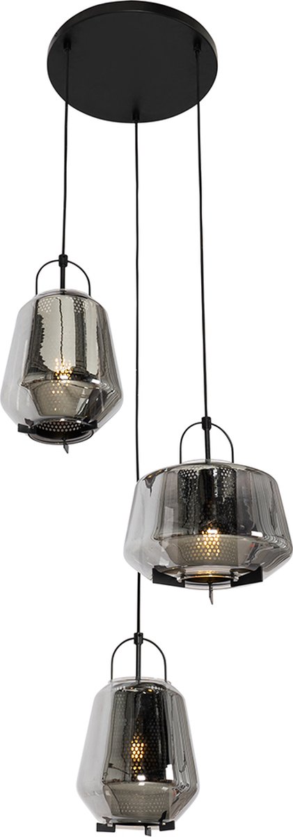 QAZQA Hanglamp zwart met smoke glas rond 3-lichts - Kevin