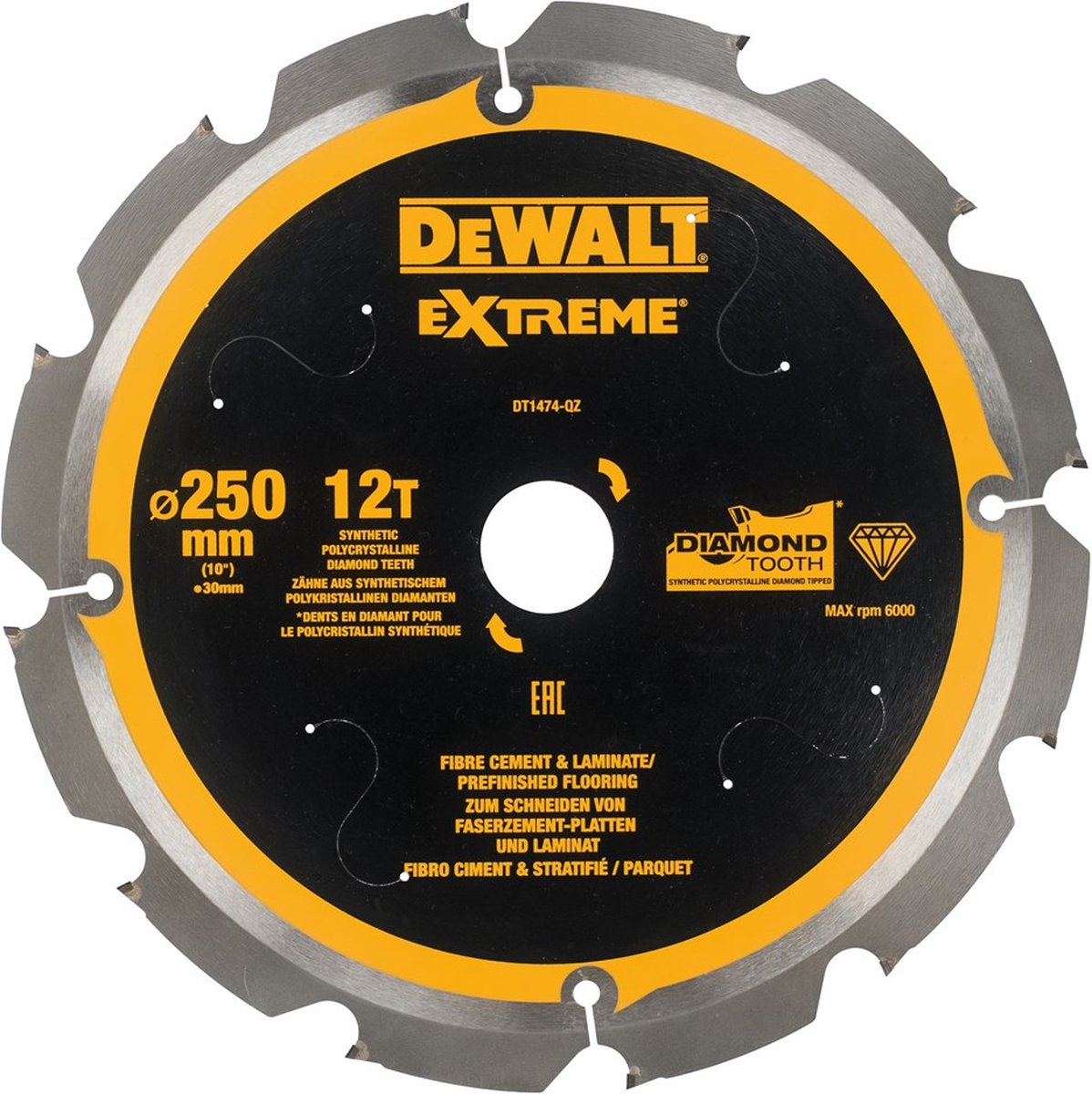 DeWalt Accessoires Cirkelzaagblad PCD laminaat/vezelcement 250x30x12t - DT1474-QZ