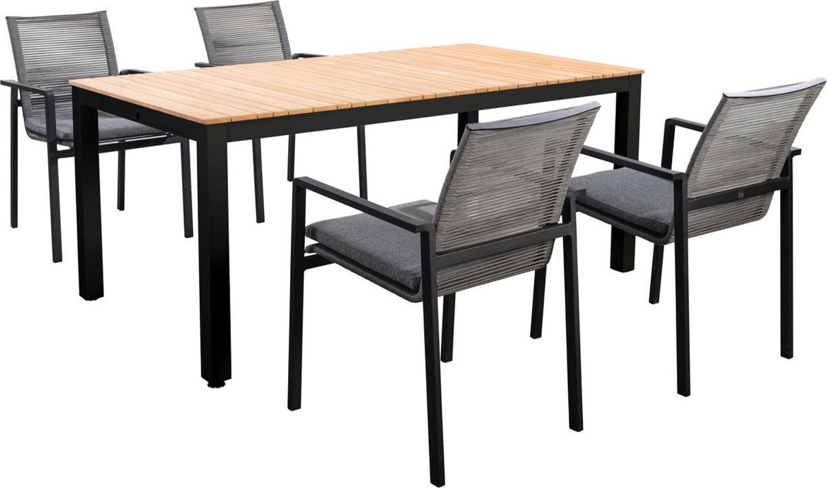 Tuinset Arashi tafel dark grey, teak 169x90 cm met 4 stoelen Vedella stoel dark grey, rope dark grey inclusief kussens - Yoi