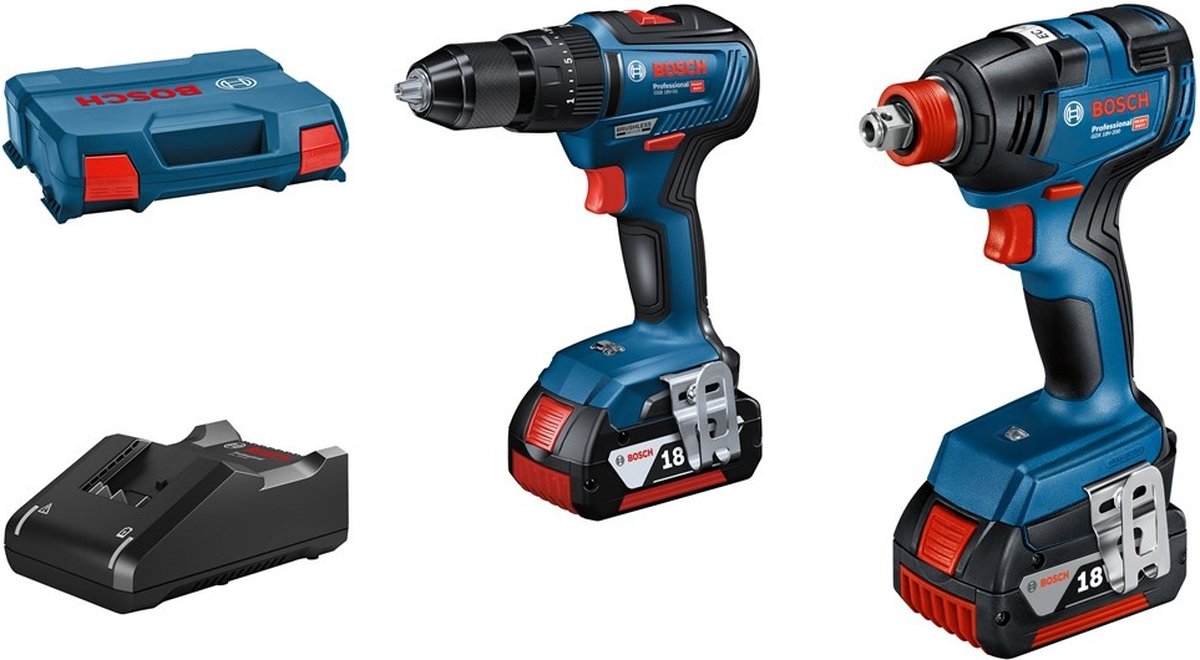 Bosch Blauw Combopack GSB 18V-55 Accu schroef-klopboormachine + GDX 18V-200 Slag(moer)schroevendraaier | 2 x 4.0Ah accu's + lader - 06019J2208