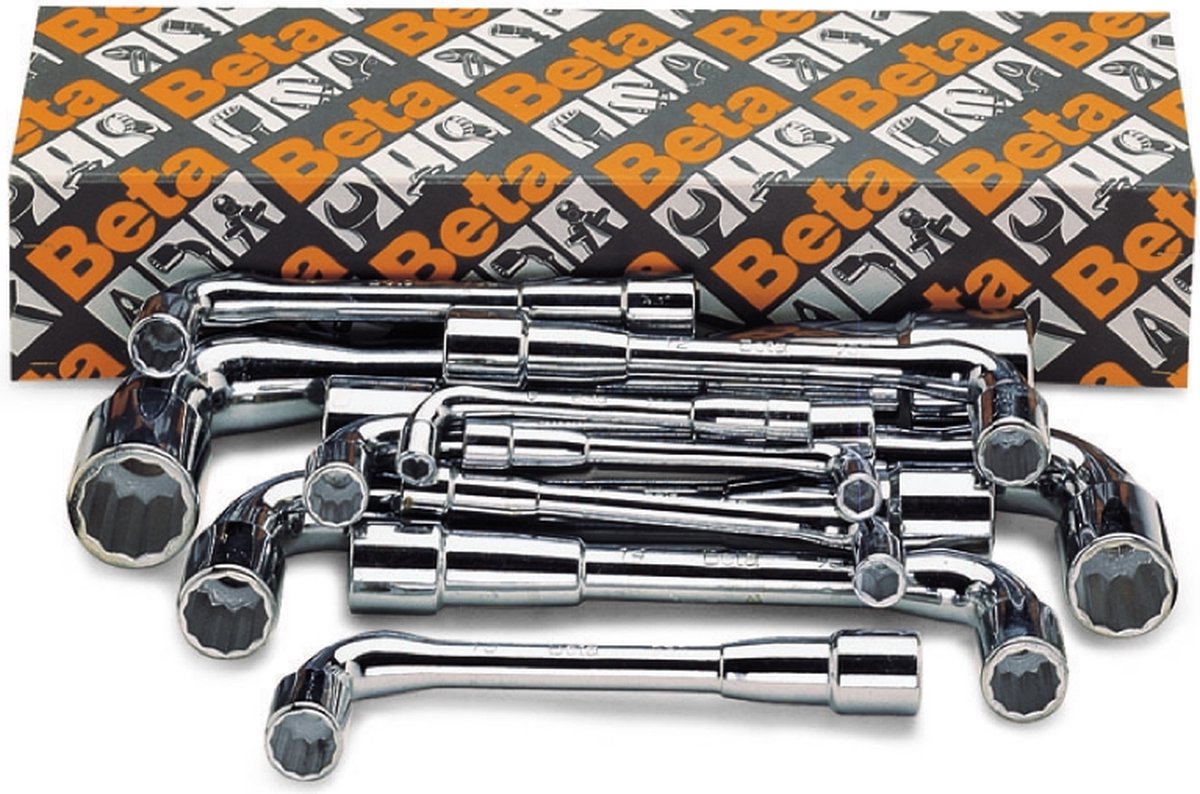 Beta 17-delige set gebogen pijpsleutels, twaalfkant en zeskant hoogglanzend verchroomd (art. 932) 932/S17 - 009320081