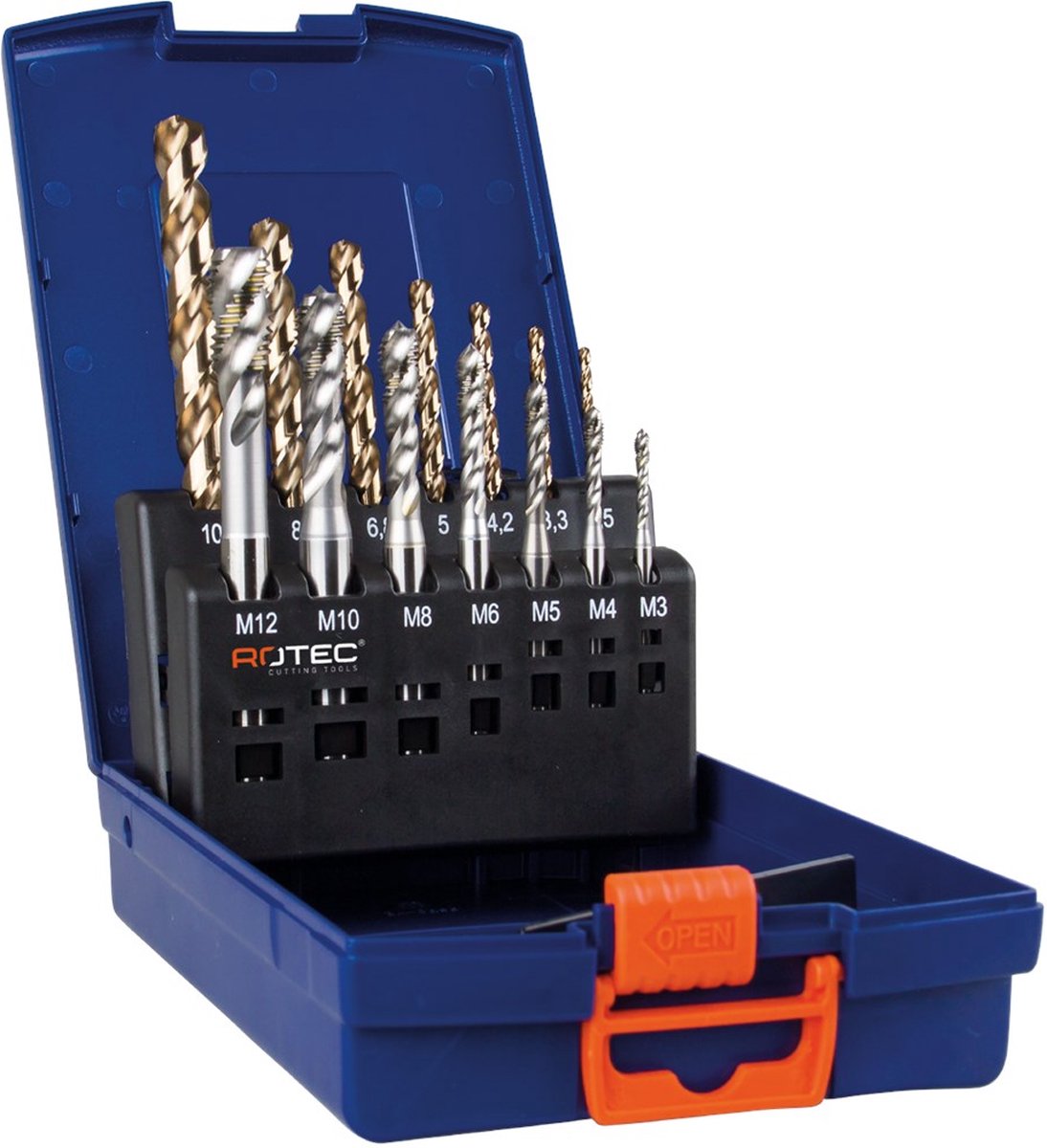 Rotec 7+7 dlg. set machinetappen '330' en spiraalboren '110' / M3-M12 - 900.2009C