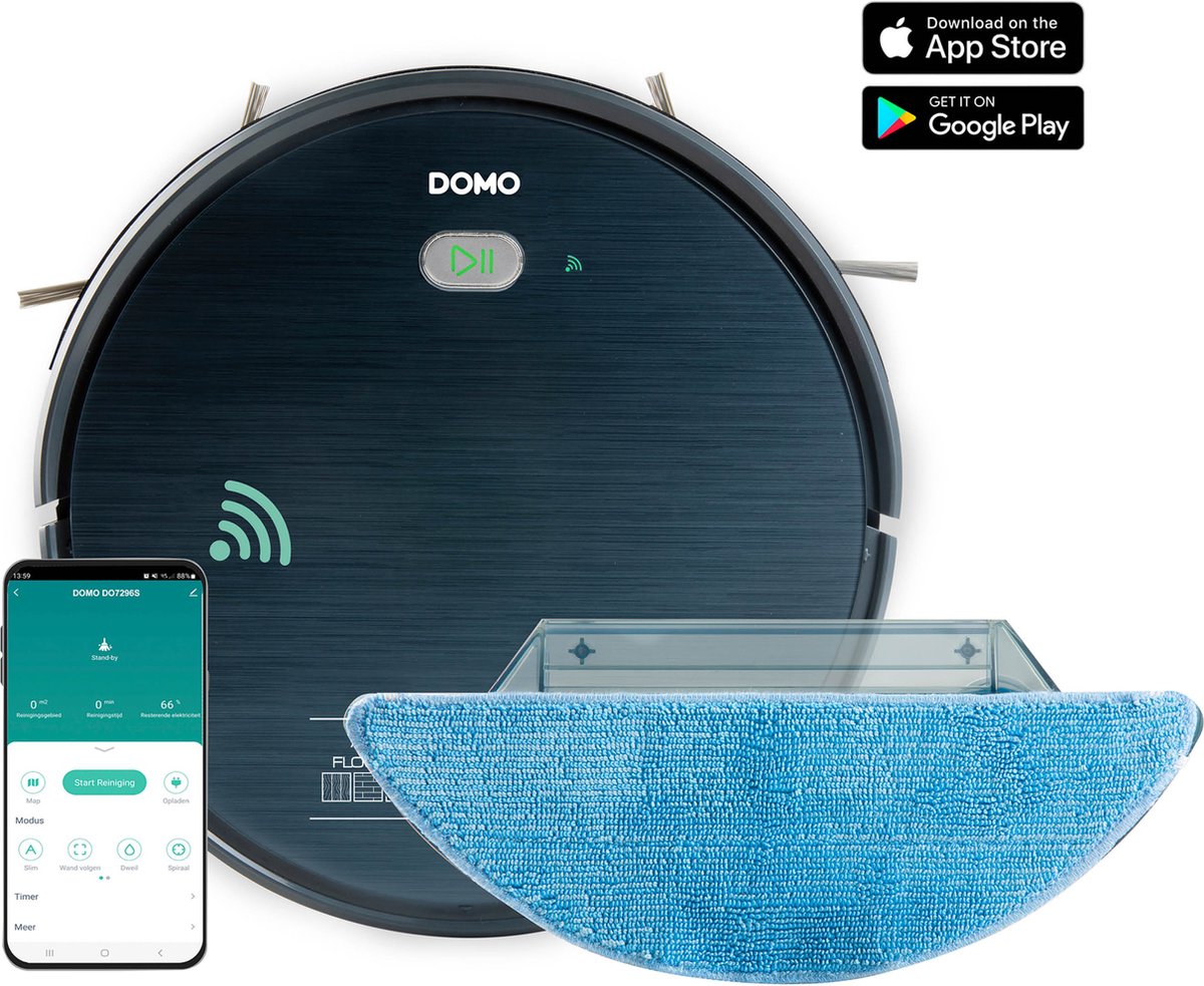 DOMO DO7296S Dweil- en zuigrobot Op afstandsbedienbaar, Besturing via App, Compatibel met Amazon Alexa, Compatibel met Google Home, Met dweilfunctie,