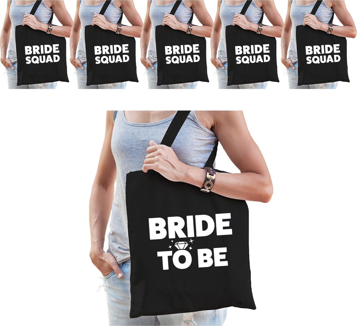 Pakket Vrijgezellenfeest dames tasjes/ goodiebag: 1x Bride to Be zwart+ 9x Bride Squad zwart -