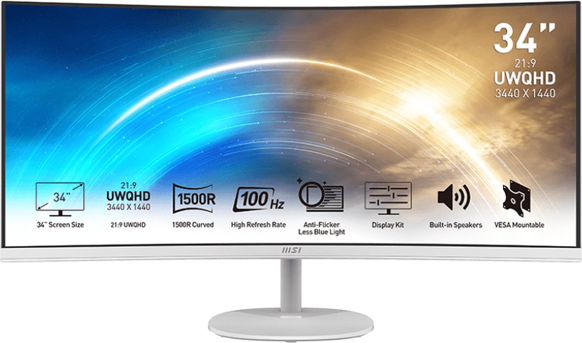 MSI PRO MP341CQWDE LED-monitor Energielabel G (A - G) 86.4 cm (34 inch) 3440 x 1440 Pixel 21:9 1 ms DisplayPort, HDMI, Hoofdtelefoon (3.5 mm jackplug) VA LED