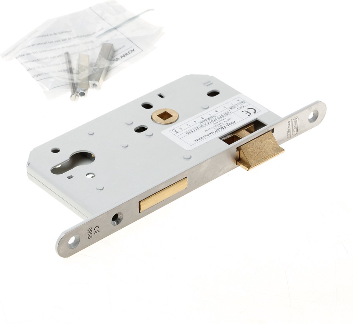 Nemef 649/46 Paniekdeurslot | DM60mm | PC72mm | krukgat 8mm gedeeld | voorplaat RVS 20x235mm afgerond | messing dag- en nachtschoot | DR 2 -