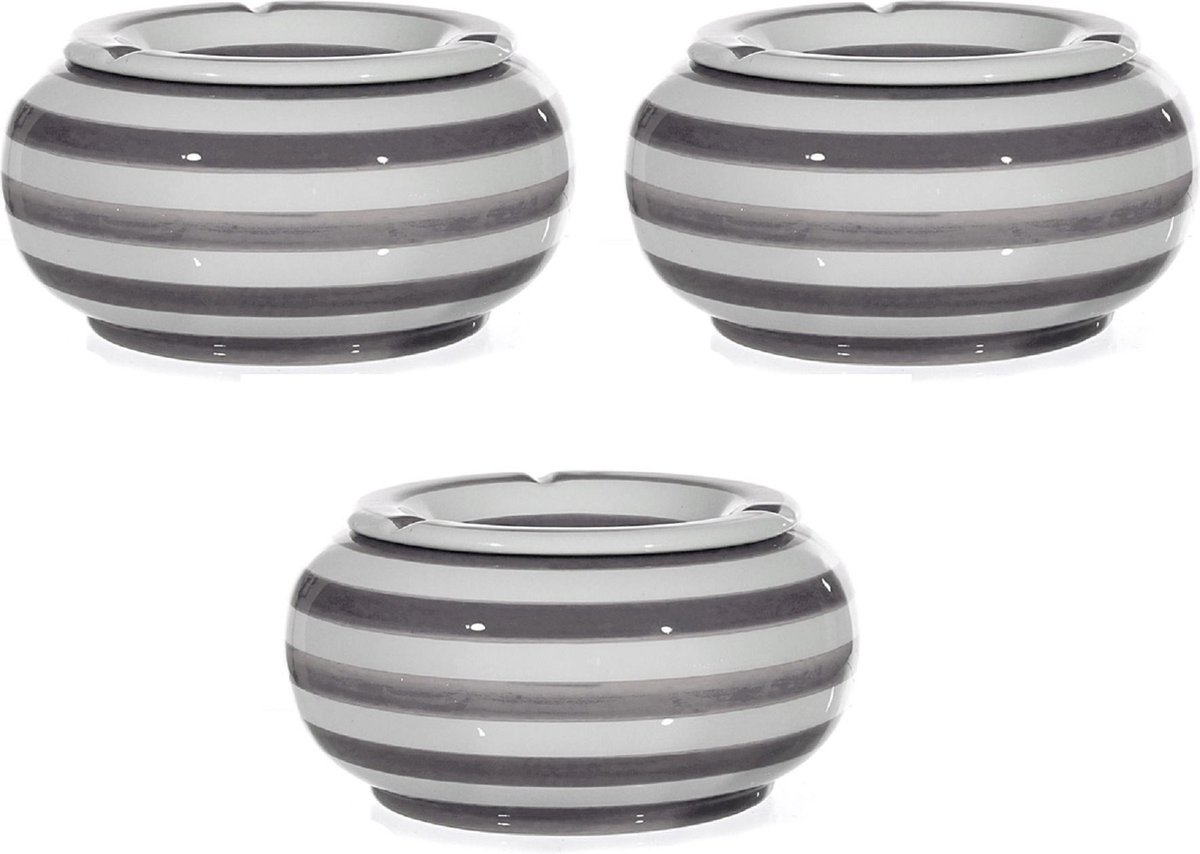 3x Grote ronde terras asbakken/stormasbakken grijs/wit gestreept 23 cm -