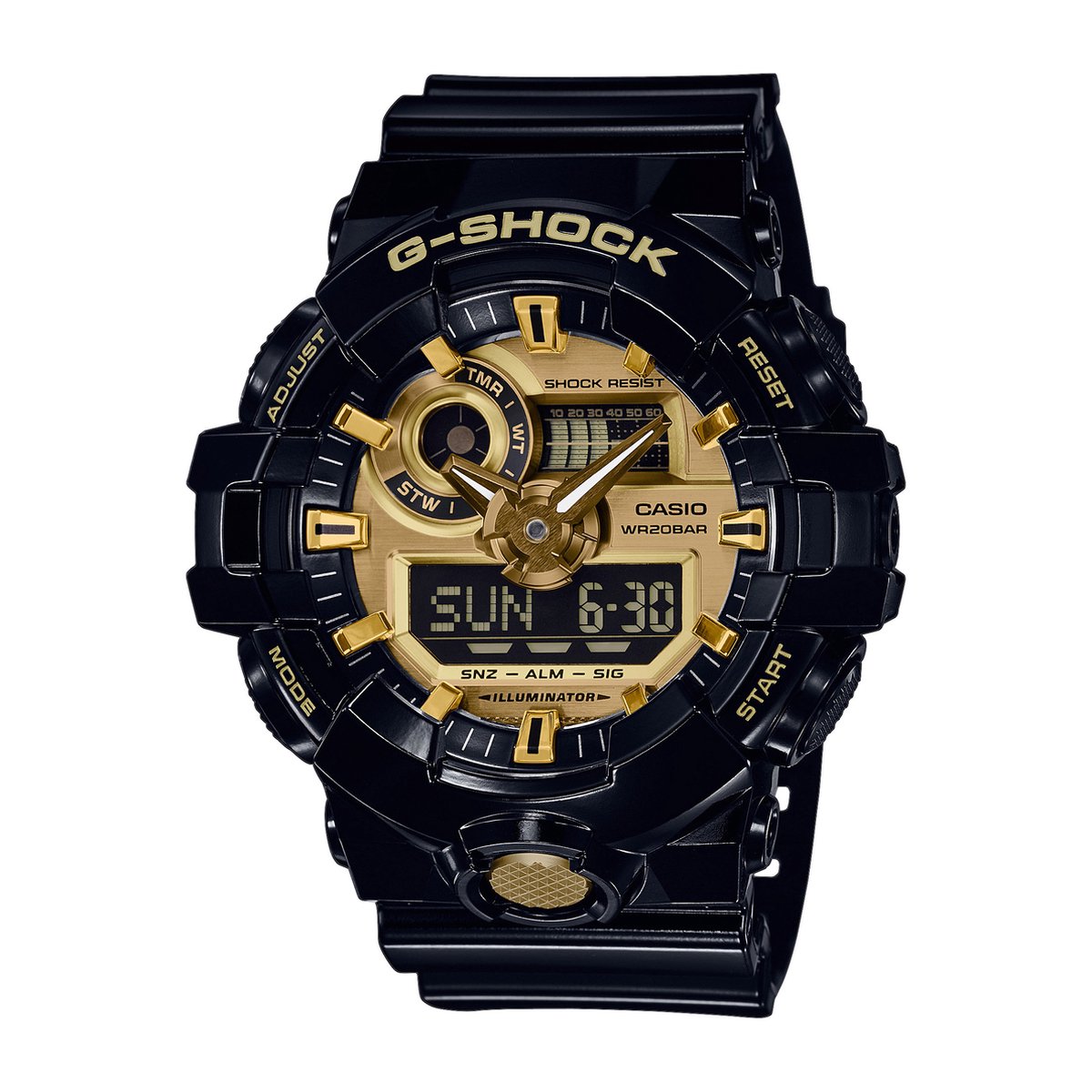 Casio GA-710GB-1AER Horloge Kwarts (l x b x h) 57.5 x 53.4 x 18.4 mm Zwart Materiaal (behuizing): Hars Materiaal (armband): Hars