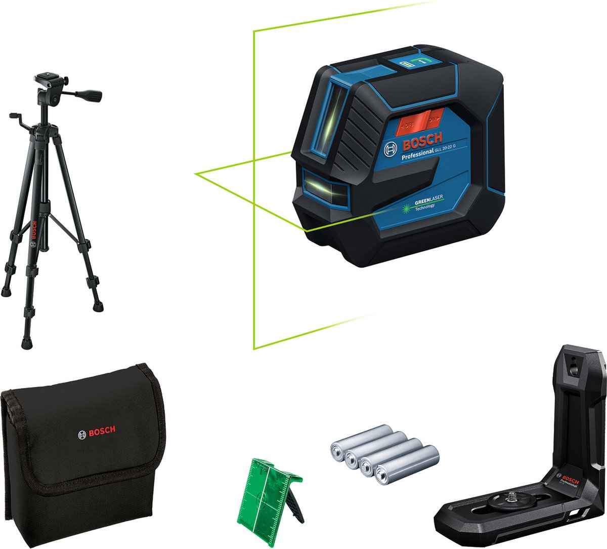 Bosch GLL 20-22 G Kruislijnlaser Set Incl. Statief In Tas - Groen - 20m - 2 Lijnen - IP65