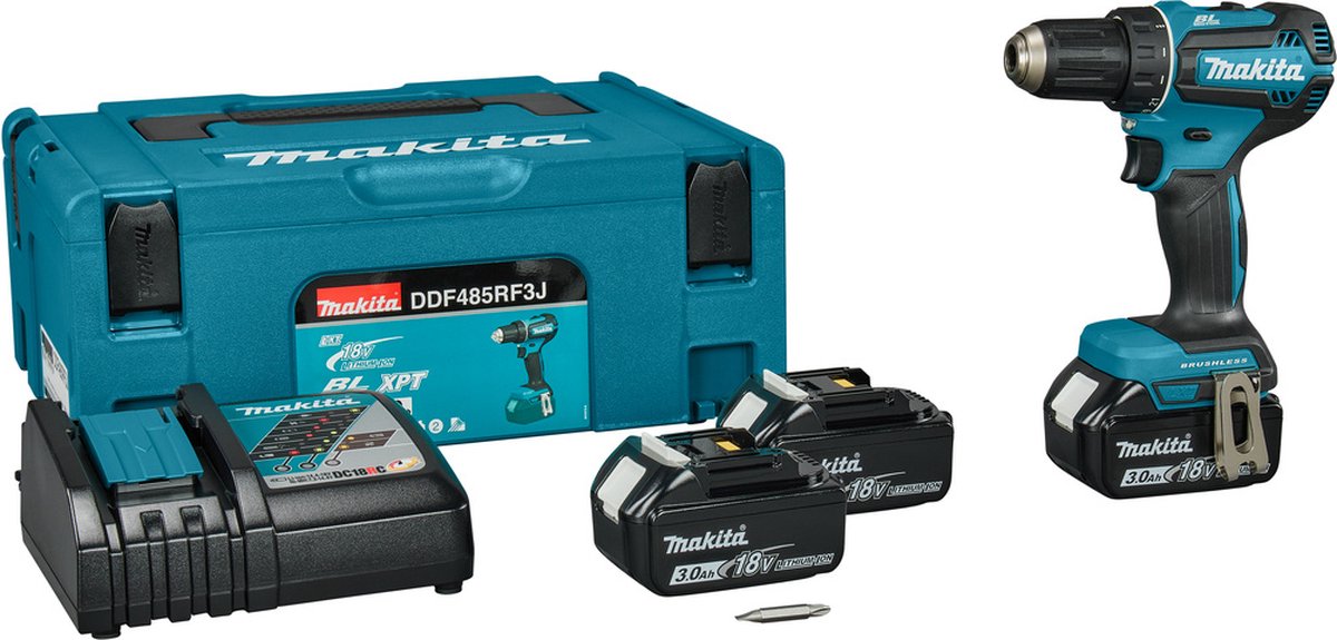 Makita DDF485RF3J 18 Boor- en schroefmachine brushless 3,0 Ah accu (3 st), snellader, M-box