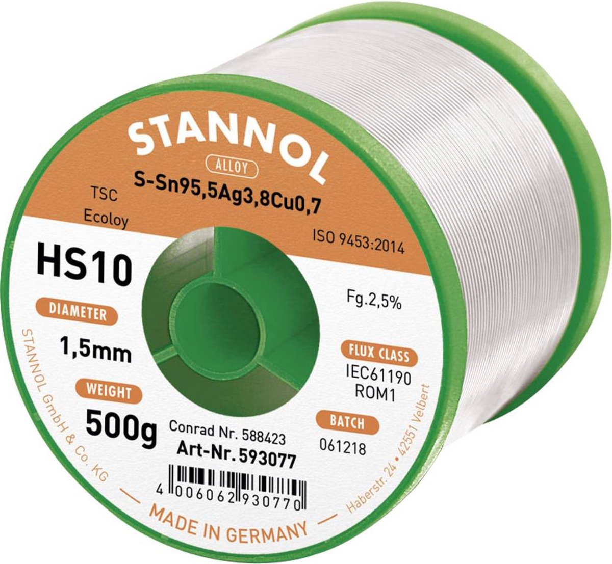 Stannol HS10 2510 Soldeertin, loodvrij Spoel Sn95,5Ag3,8Cu0,7 ROM1 500 g 1.5 mm