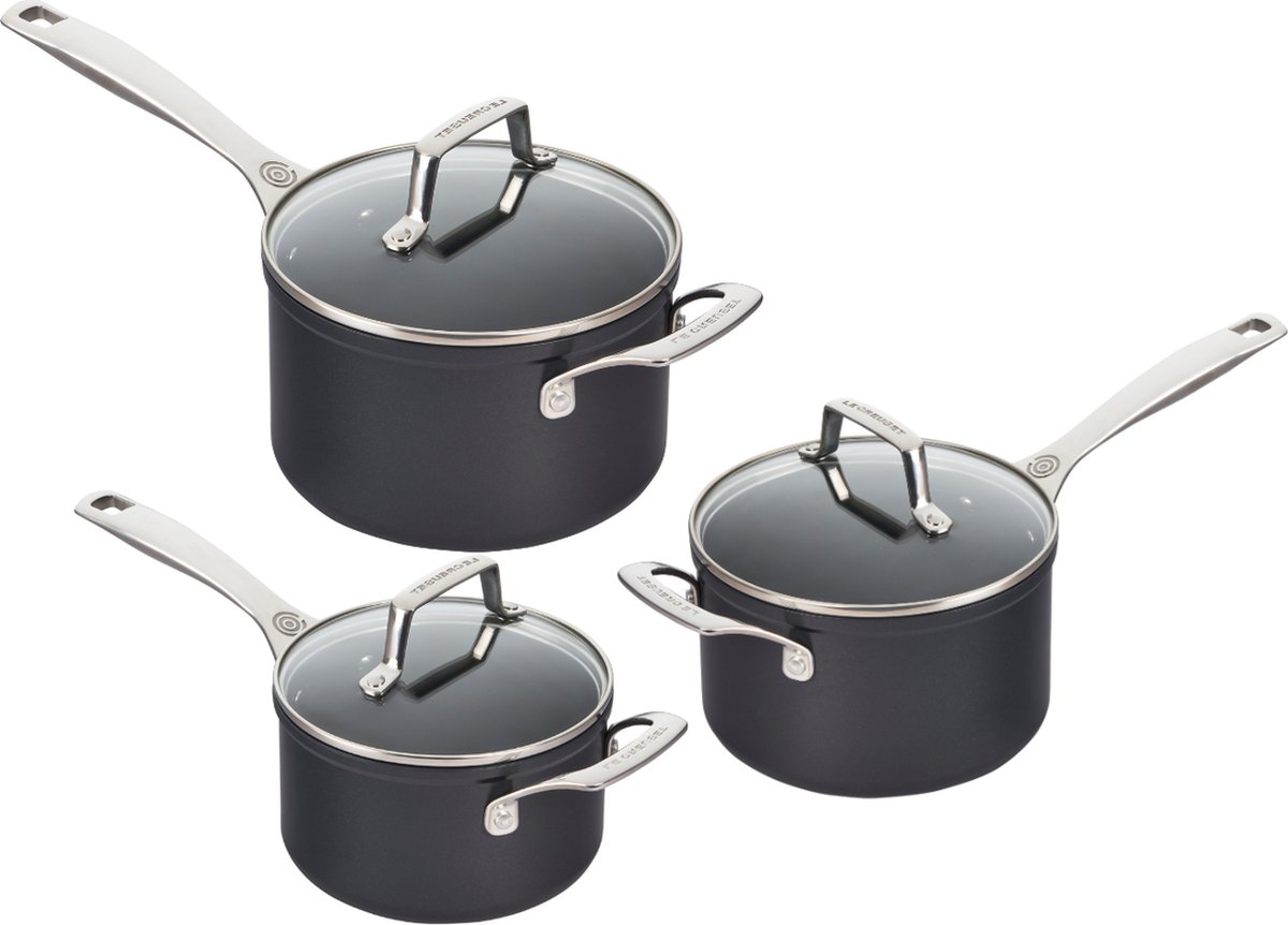 Le Creuset Steelpannenset met Glazen Deksels Essential Non-Stick Ceramic - keramische anti-aanbaklaag 3-delig