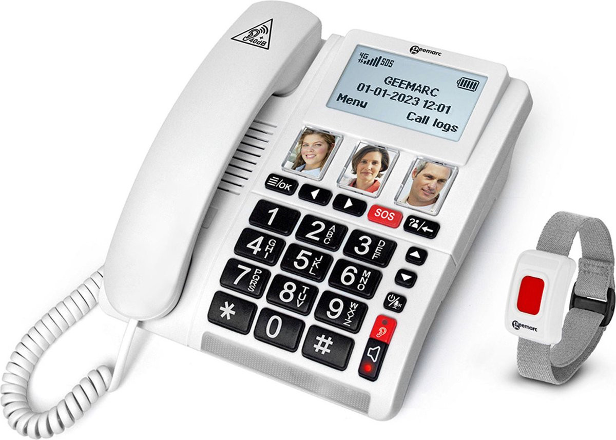 Geemarc CL9000 Vaste seniorentelefoon Fototoetsen, Handsfree, Compatibel voor hoorapparatuur, Incl. noodoproep, Optisch belsignaal, Waterdicht LC-display Wit