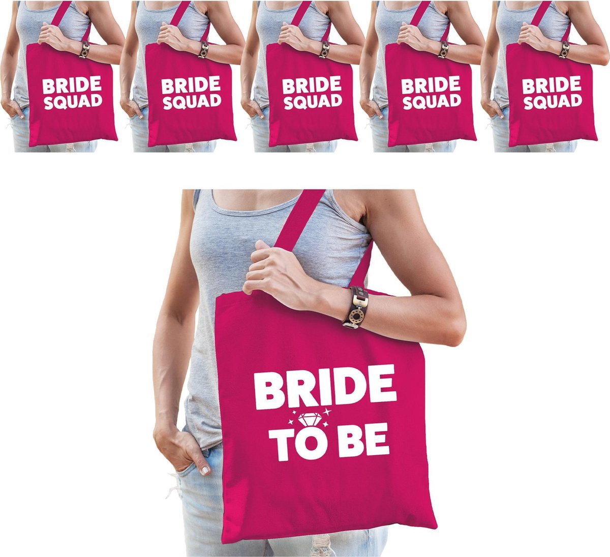 Pakket Vrijgezellenfeest dames tasjes/ goodiebag: 1x Bride to Be roze+ 9x Bride Squad roze -