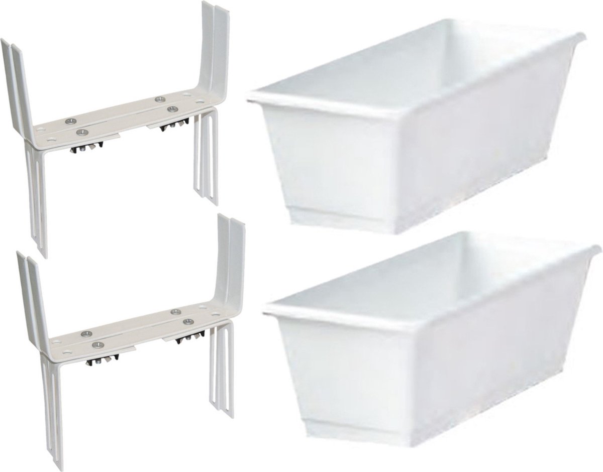 Set van 5 kunststof plantenbakken wit rechthoekig 60 cm met 10 verstelbare balkon/muurbeugels -