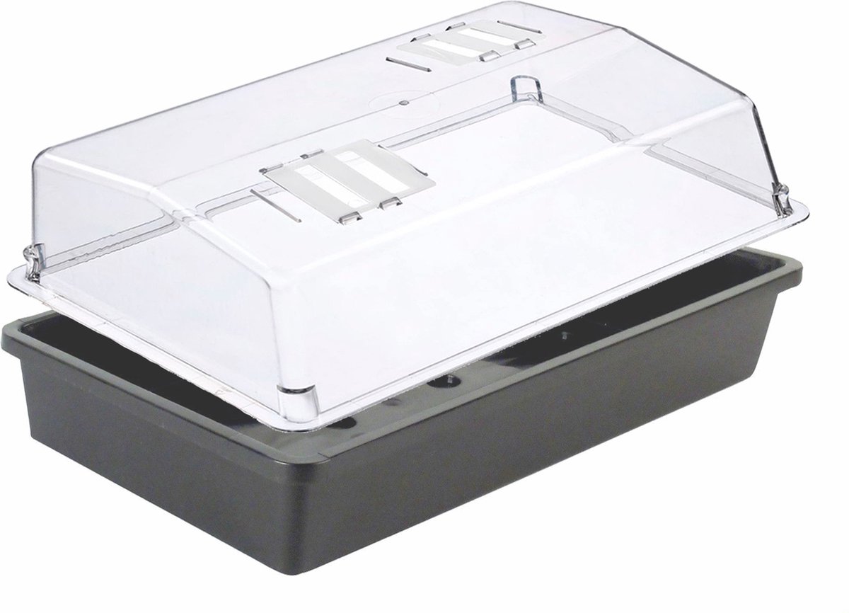 4x stuks Rechthoekige kweekbak met deksel voor zaailingen antraciet grijs kunststof 55 x 31 x 7,5 cm -