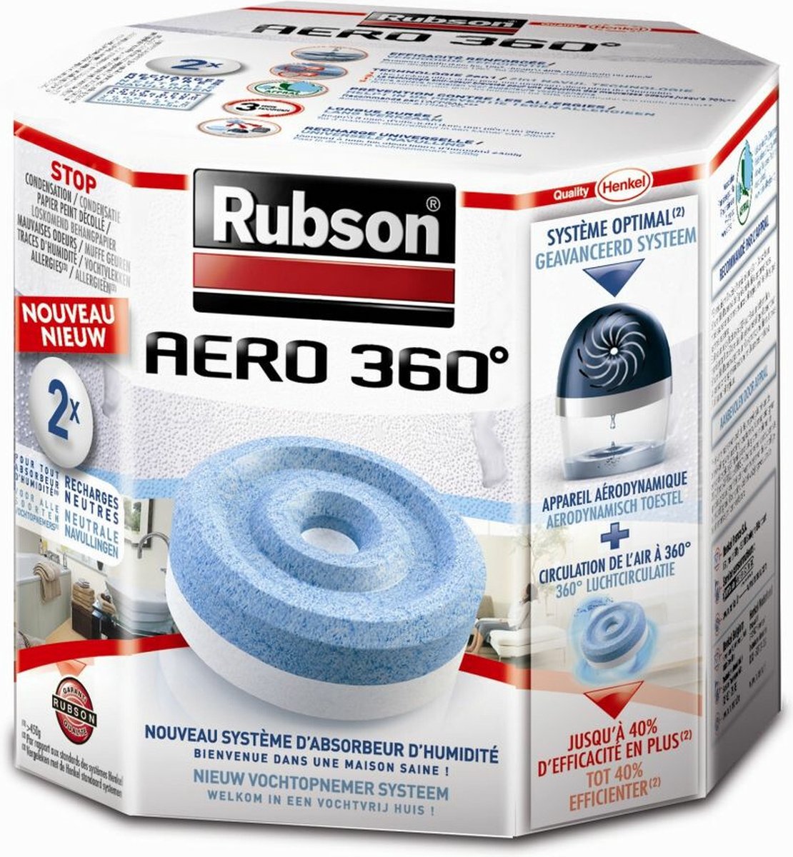 12x Rubson Vochtopnemer AERO 360 Navulling 2x 450 gr