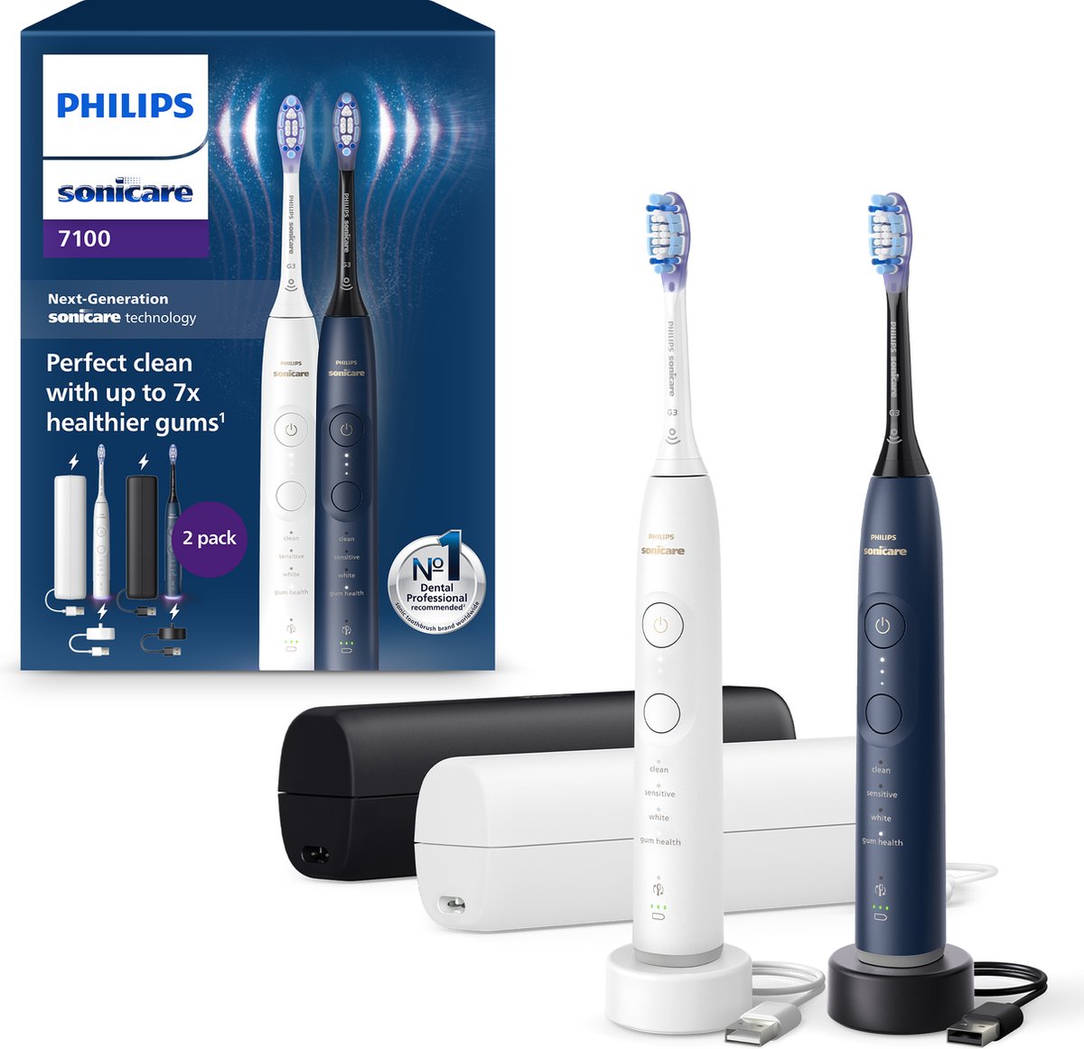 Philips Sonicare 7100 Series Duopack Hx7429/01 Elektrische Tandenborstel Wit En Blauw