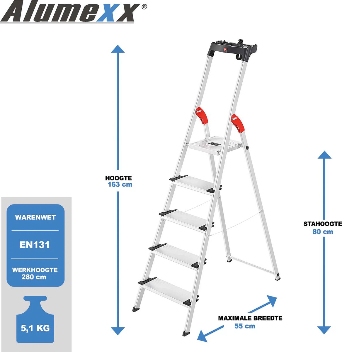 Hailo 8040-515 L80 ComfortLine Aluminium Huishoudtrap 5 Tredes