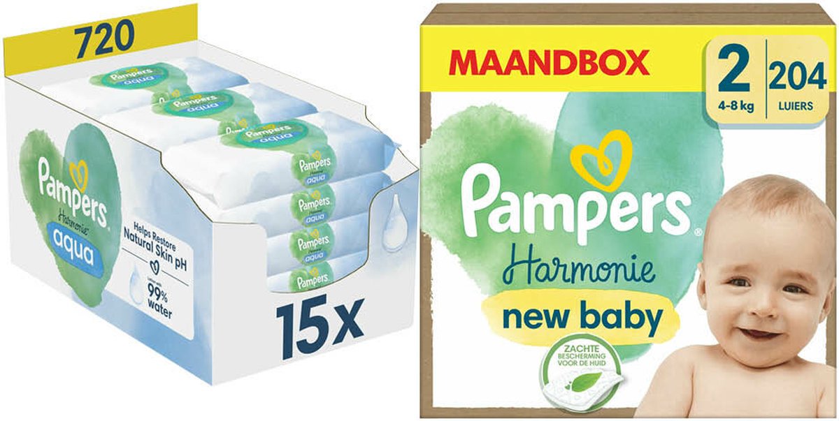 Pampers Harmonie Luiers Maat 2 en Harmonie Aqua Billendoekjes 720 stuks Pakket