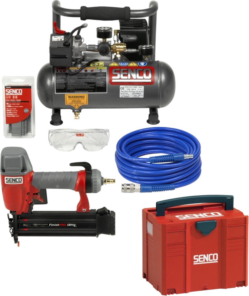Senco PC0964EUPS Pneumatische Afwerk Tacker (Finishpro18 Mg) In T-loc Systainer&3,8L Compressor (PC1010) + 5m Slang Combiset
