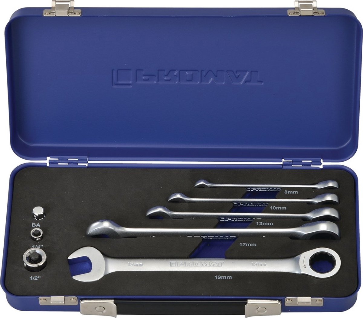 Promat Ratel-ring-steeksleutelset | 8-delig sleutelwijdtes 8-19 mm | recht - 4000821505 4000821505