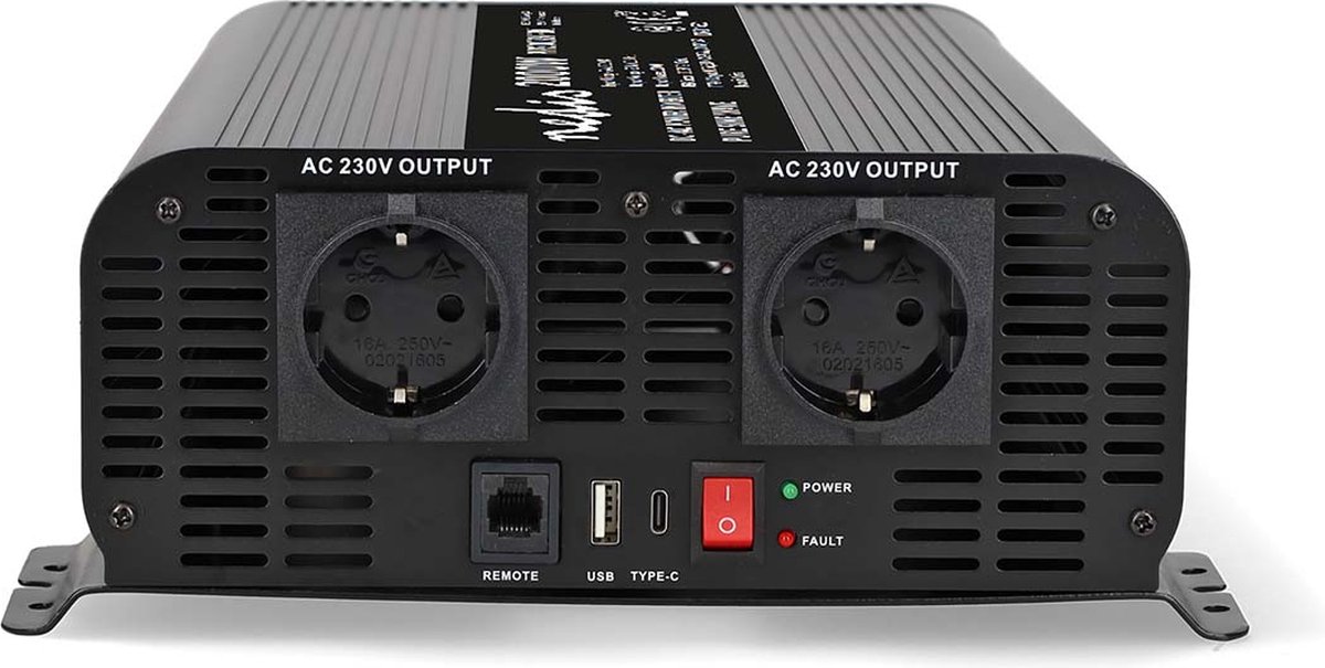Nedis Omvormer Pure Sinusgolf | Ingangsvoltage: 24 V DC | Apparaat stroomoutput: Type F (CEE 7/3) / USB-A / USB-C™ | 2000 W | Piekvermogen: 4000 W |