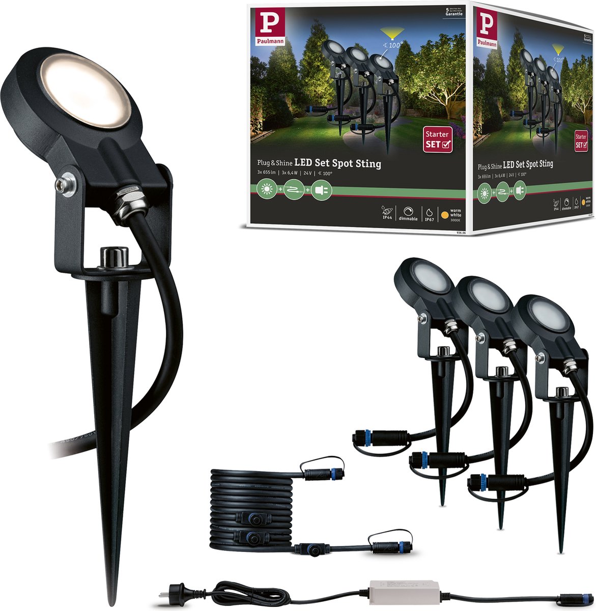 Paulmann Sting 93696 Verlichtingssysteem Plug&Shine LED-tuinspot startset Set van 3 stuks LED 18 W Warmwit Antraciet